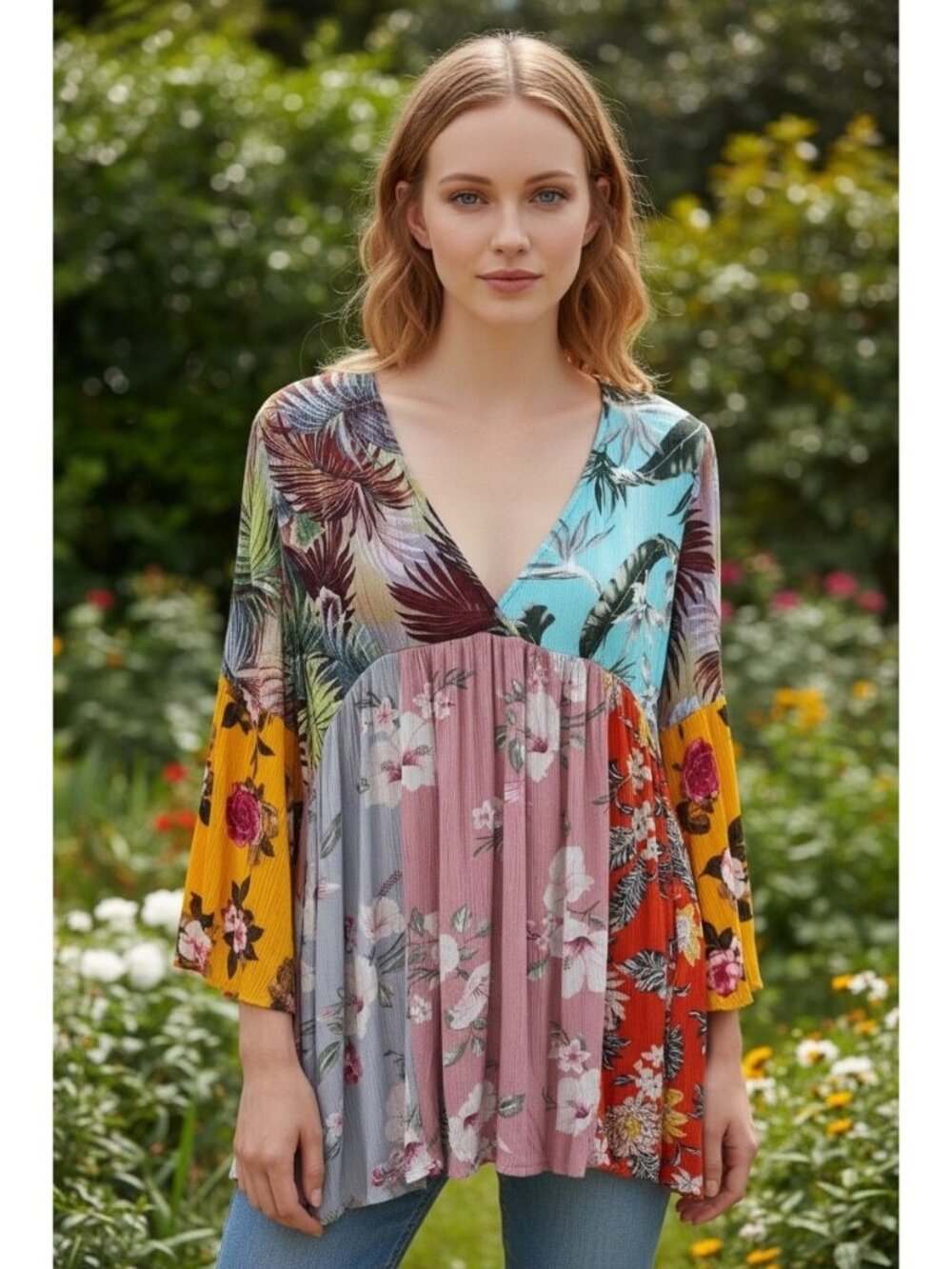 Sacred Threads Floral Patchwork Rayon Babydoll Tunic Top L/XL Boho Bell Sleeve